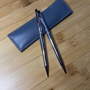 Cross Classic Century Chrome Pen and Pencil Set Shell Oil Logo with Leather Case